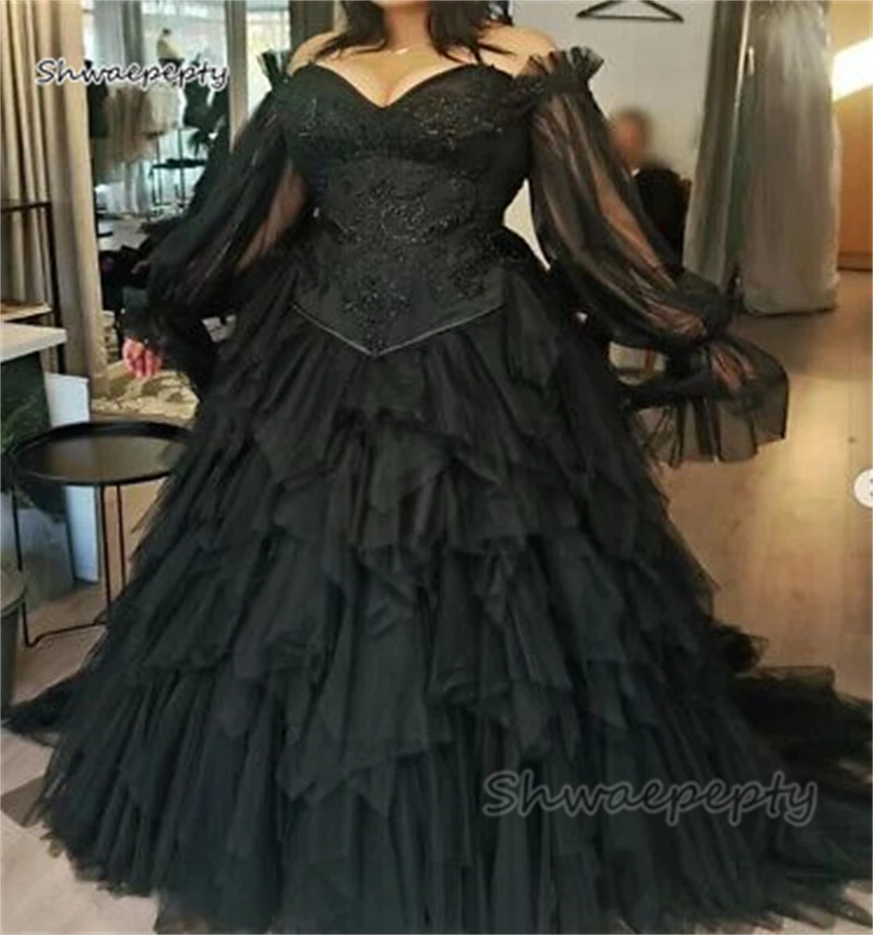 Gothic Black Wedding Dresses Long Sleeves A Line Tiered Corset Plus Size Bridal Gown Off The Shoulder Sweetheart Neck Customized
Gothic Black Wedding Dresses Long Sleeves A Line Tiered Corset Plus Size Bridal Gown Off The Shoulder Sweetheart Neck Customized