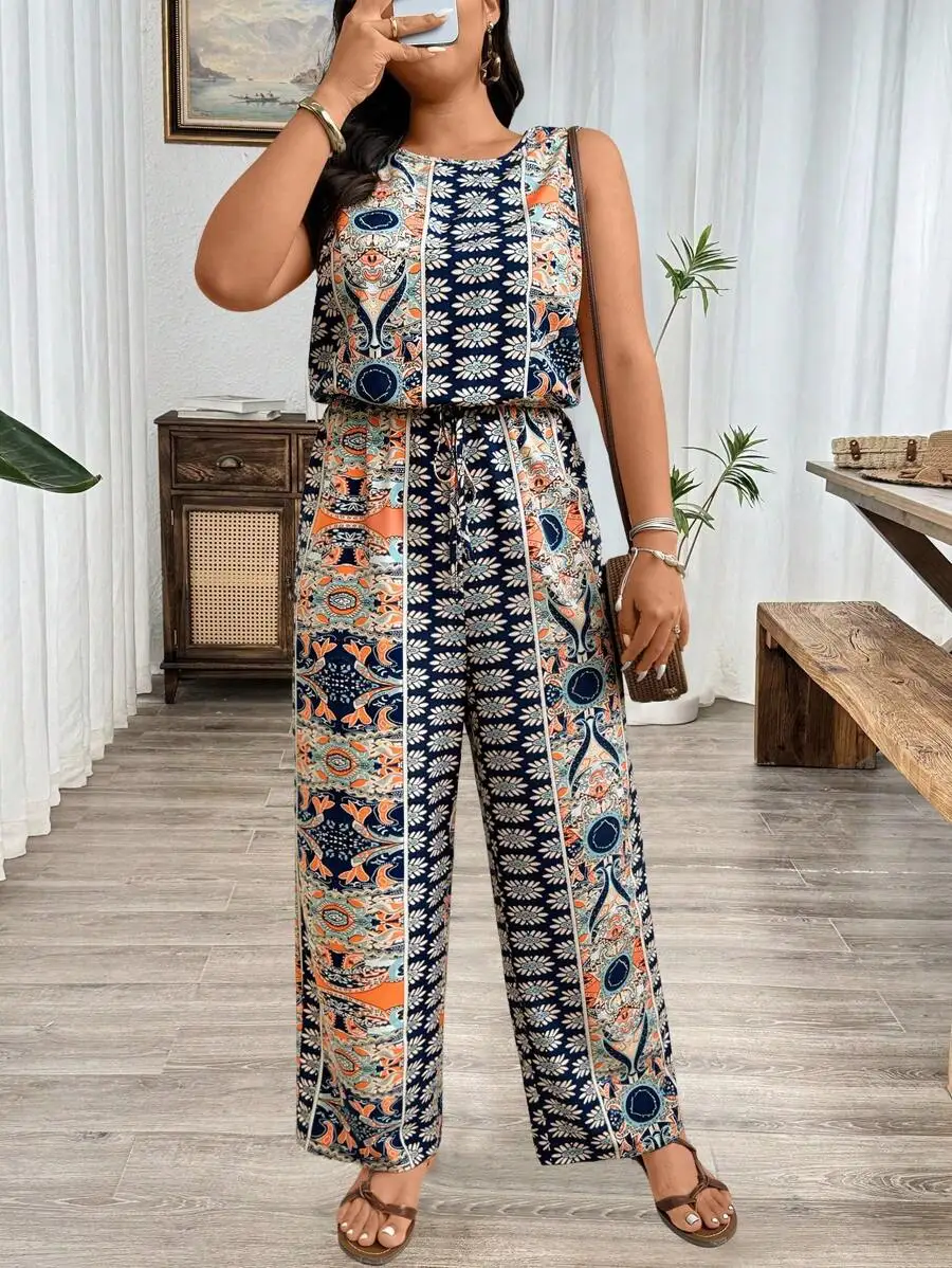 Plus Size Sleeveless Floral Print Wide Leg Jumpsuit With Drawstring Waist
Plus Size Sleeveless Floral Print Wide Leg Jumpsuit With Drawstring Waist