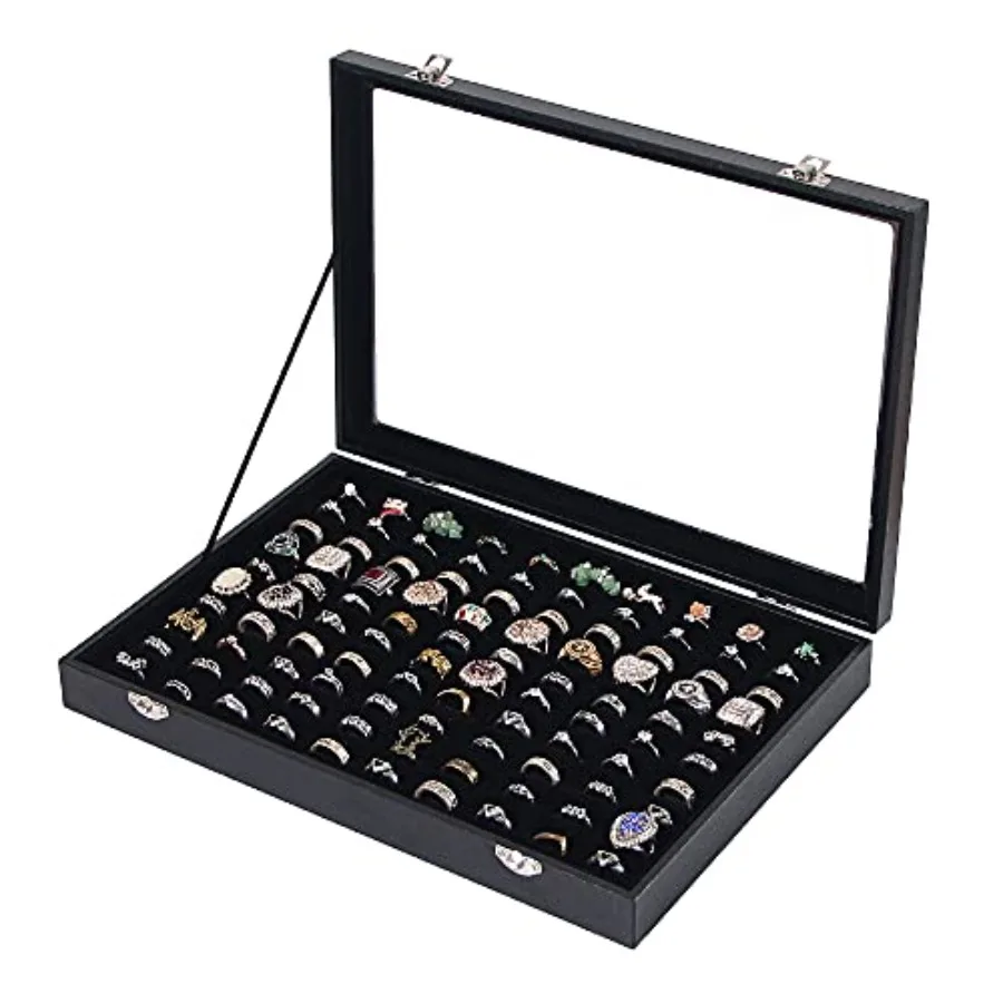 Ring Holder Organizer Box, Jewelry Display Case, Earring Necklace Storage Tray With Top Glass Lid Black, 100 Slots
Ring Holder Organizer Box, Jewelry Display Case, Earring Necklace Storage Tray With Top Glass Lid Black, 100 Slots