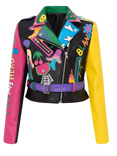 Fashion Brand Coat PU Leather Jacket Women Leopard Print Graffiti Rivets Punk Coats Slim Locomotive Cropped Jacket Leather Top
Fashion Brand Coat PU Leather Jacket Women Leopard Print Graffiti Rivets Punk Coats Slim Locomotive Cropped Jacket Leather Top