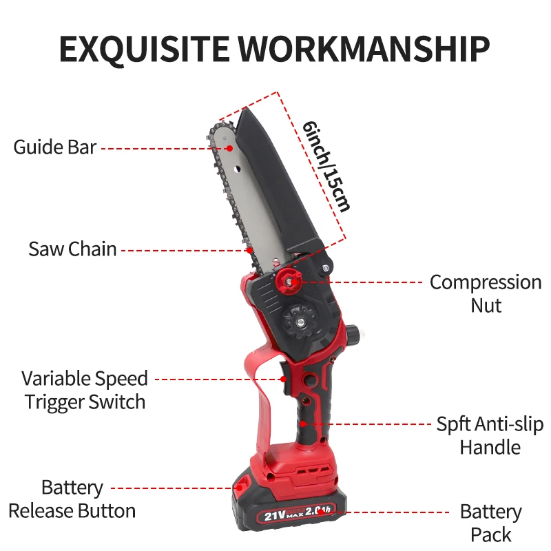 6-inch 21V electric chain saw Rechargeable lithium single-hand saw Small household handheld saw outdoor logging
6-inch 21V electric chain saw Rechargeable lithium single-hand saw Small household handheld saw outdoor logging
