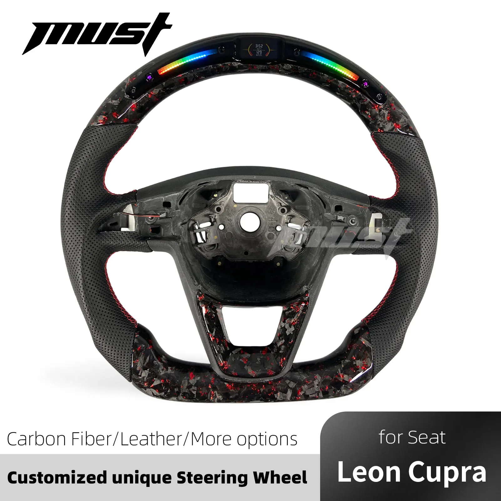 For Seat Ateca Arona Ibiza Leon SC ST Cupra 2013-2019 Customized Red Forged Carbon Fiber Steering Wheel with LED Rpm Display
For Seat Ateca Arona Ibiza Leon SC ST Cupra 2013-2019 Customized Red Forged Carbon Fiber Steering Wheel with LED Rpm Display