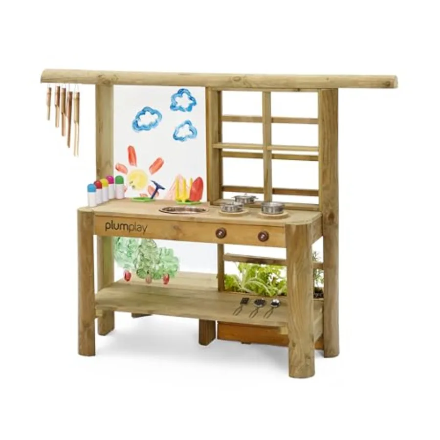Outdoor kids play kitchen for ages 3+, made of wood, natural color, with built-in gardening planter and painting easel for crea
Outdoor kids play kitchen for ages 3+, made of wood, natural color, with built-in gardening planter and painting easel for crea