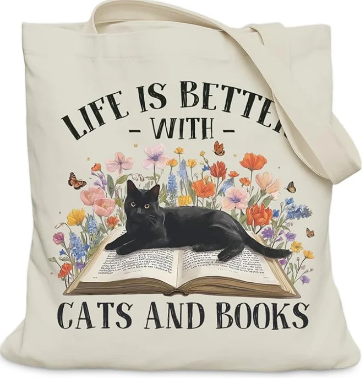 Canvas Tote Bag with Black Cat on Vintage Book & Wildflowers Print Aesthetic Book Lover Reusable Shopping Bag for Cat Lovers
Canvas Tote Bag with Black Cat on Vintage Book & Wildflowers Print Aesthetic Book Lover Reusable Shopping Bag for Cat Lovers