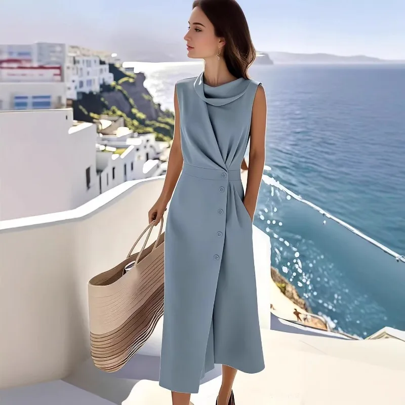 New Women's Elegant Fashionable Solid Color Sleeveless Pleated Button Irregular Dress Exquisite Simple Temperament Casual Simple
New Women's Elegant Fashionable Solid Color Sleeveless Pleated Button Irregular Dress Exquisite Simple Temperament Casual Simple