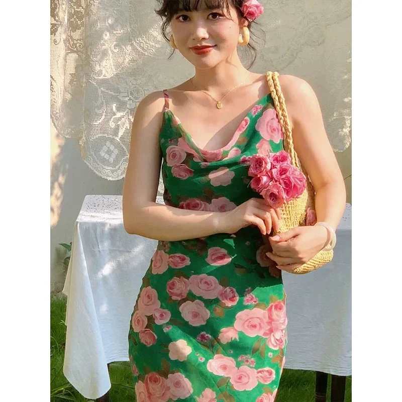 French Retro Pink Rose Floral Chiffon Slip Dress Cowl Neck Spaghetti Strap Summer Sundress for Women
French Retro Pink Rose Floral Chiffon Slip Dress Cowl Neck Spaghetti Strap Summer Sundress for Women