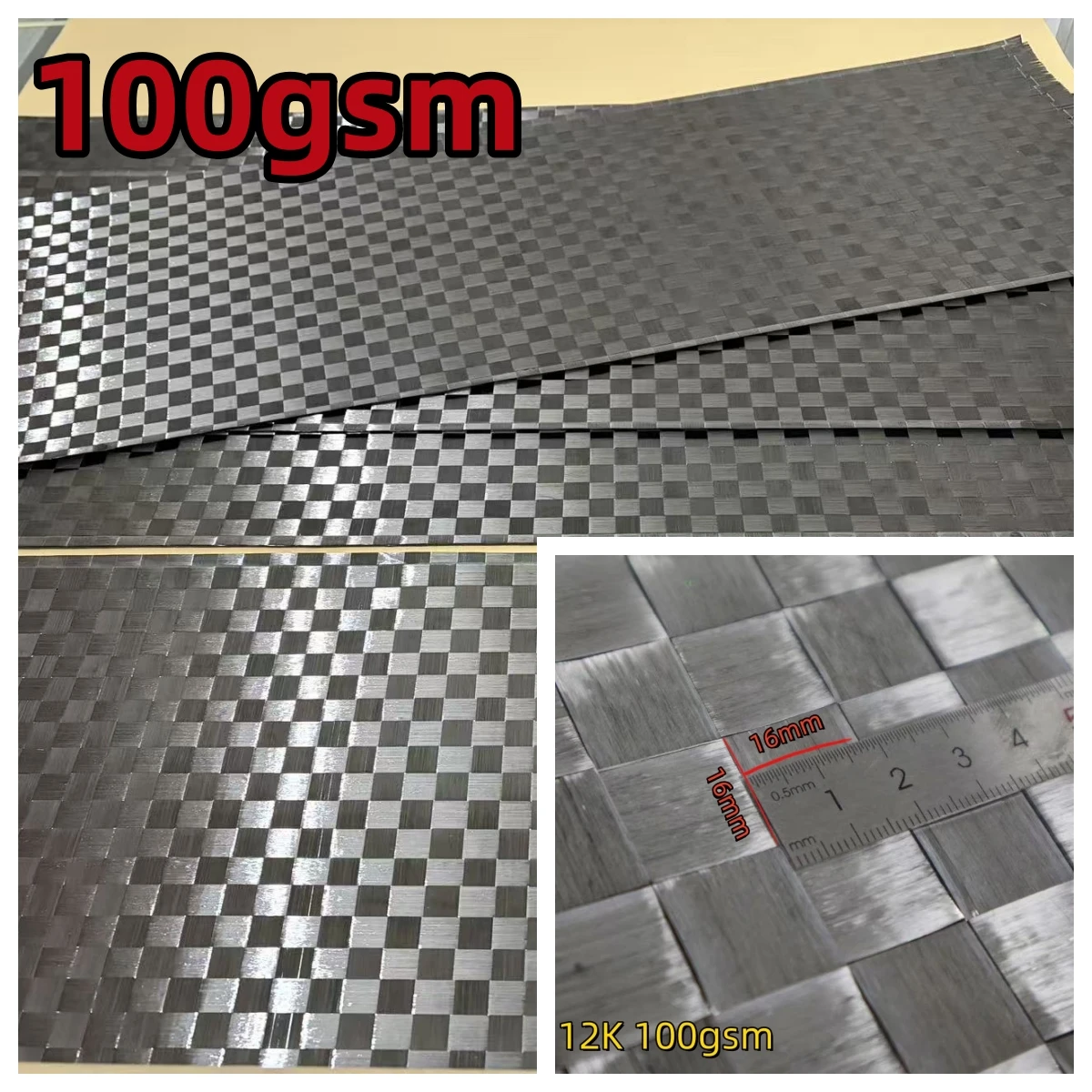 12K 100gsm 16mm*16mm Stretch Plain Big plaid Real Carbon Fiber Cloth Carbon fabric 40"/100cm width.
12K 100gsm 16mm*16mm Stretch Plain Big plaid Real Carbon Fiber Cloth Carbon fabric 40"/100cm width.