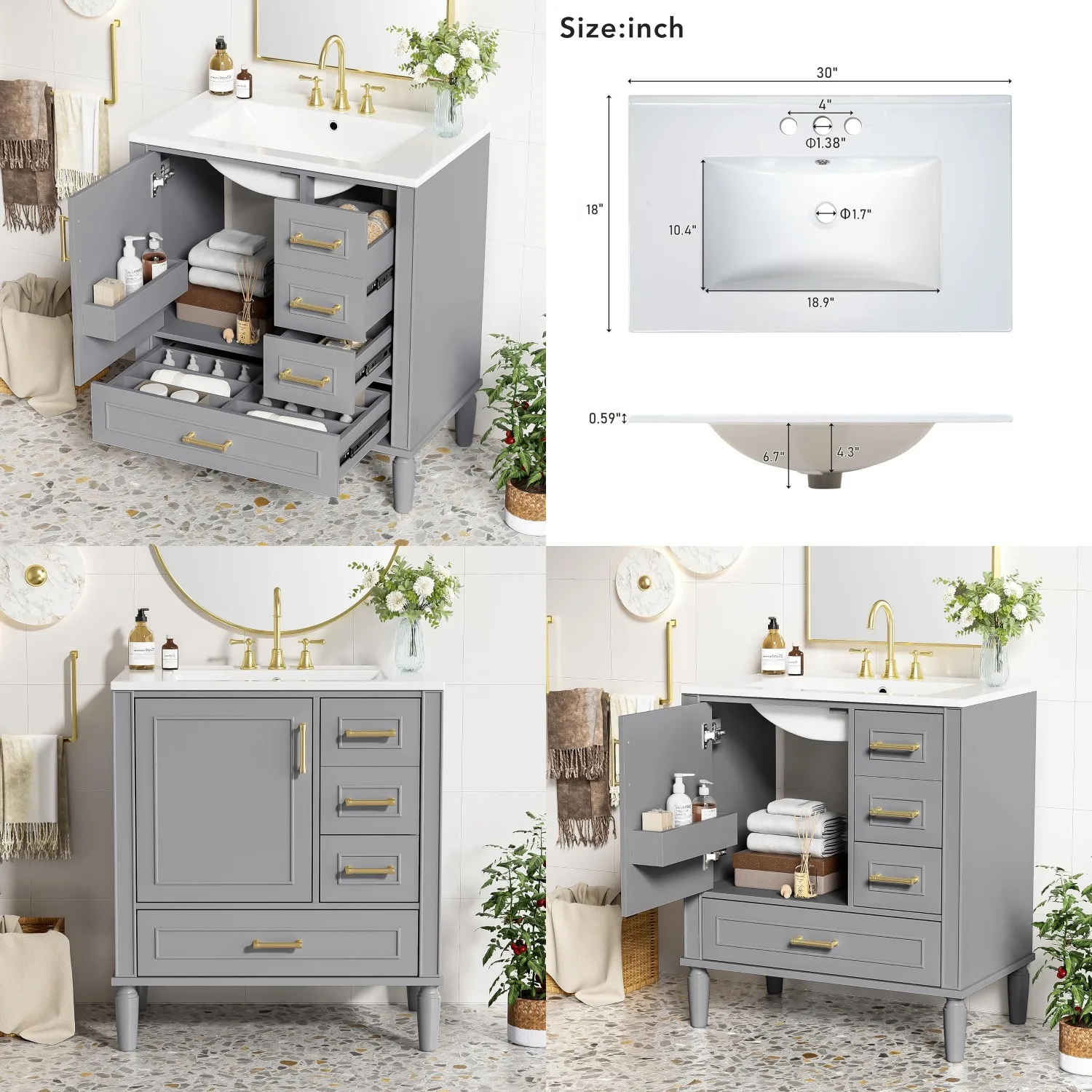 30 Inch Grey Bathroom Vanity with Sink,Modern Bathroom Vanity with Gold Handles,2 Deep Drawers & Bottom Drawer with, Customized
30 Inch Grey Bathroom Vanity with Sink,Modern Bathroom Vanity with Gold Handles,2 Deep Drawers & Bottom Drawer with, Customized