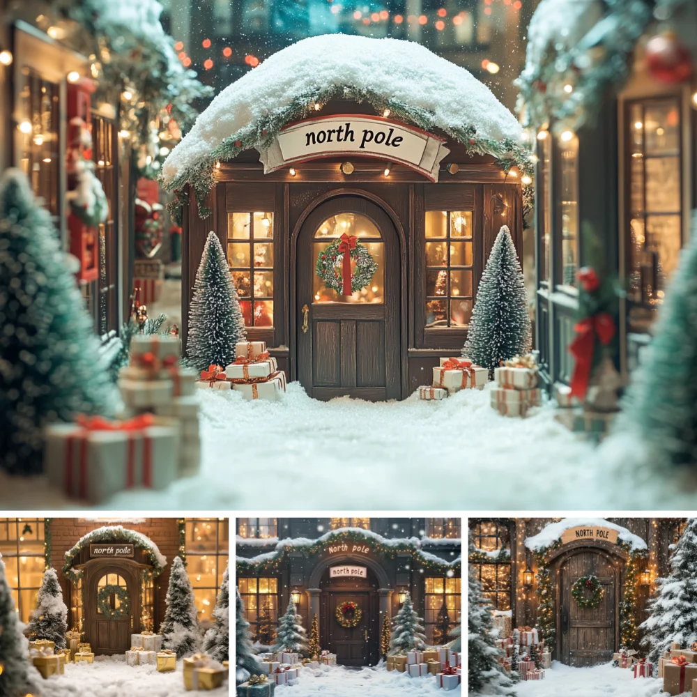 North Pole Cabin Christmas Backdrop Snow Covered Mini Wooden Shop Frost Pine Tree Wreath Gift Box Snowy Street Shoot Background
North Pole Cabin Christmas Backdrop Snow Covered Mini Wooden Shop Frost Pine Tree Wreath Gift Box Snowy Street Shoot Background