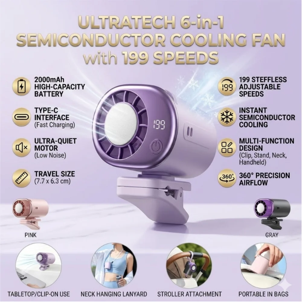 Handheld Clip Fan Semiconductor Cooling 199 Speeds USB Rechargeable Neck Fan Quiet Desk Stroller Car
Handheld Clip Fan Semiconductor Cooling 199 Speeds USB Rechargeable Neck Fan Quiet Desk Stroller Car