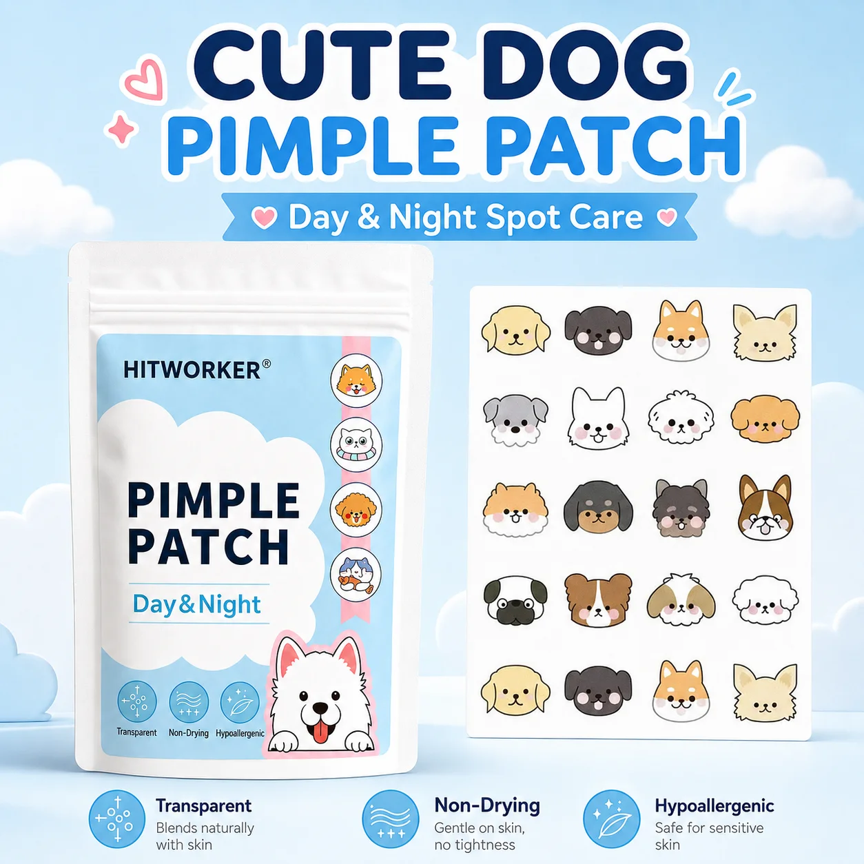 Cute Puppy Design Acne Patches Cartoon Dog Hydrocolloid Spot Treatment Skin Care Stickers
Cute Puppy Design Acne Patches Cartoon Dog Hydrocolloid Spot Treatment Skin Care Stickers