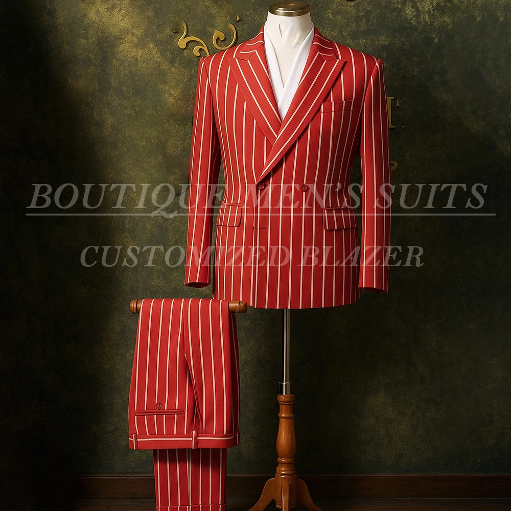 Fashion Men's Suits Red Pinstripe Double Breasted Peak Lapel 2 Piece Jacket Pants Sets High Quality Male Clothing Costume Homme
Fashion Men's Suits Red Pinstripe Double Breasted Peak Lapel 2 Piece Jacket Pants Sets High Quality Male Clothing Costume Homme