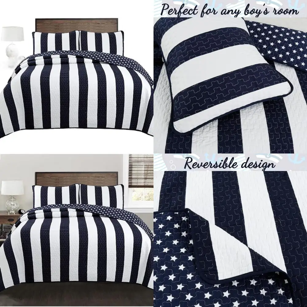 100% Cotton Sailor Star Quilt Set, Navy Blue & White Striped, Reversible Coverlet, Twin Size for Boys
100% Cotton Sailor Star Quilt Set, Navy Blue & White Striped, Reversible Coverlet, Twin Size for Boys