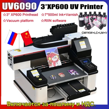 UV DTG Printer A1 6090 Automatic Flatbed 3PC XP600 Rotary Varnish Printing Rotary axis included 8*500ml ink