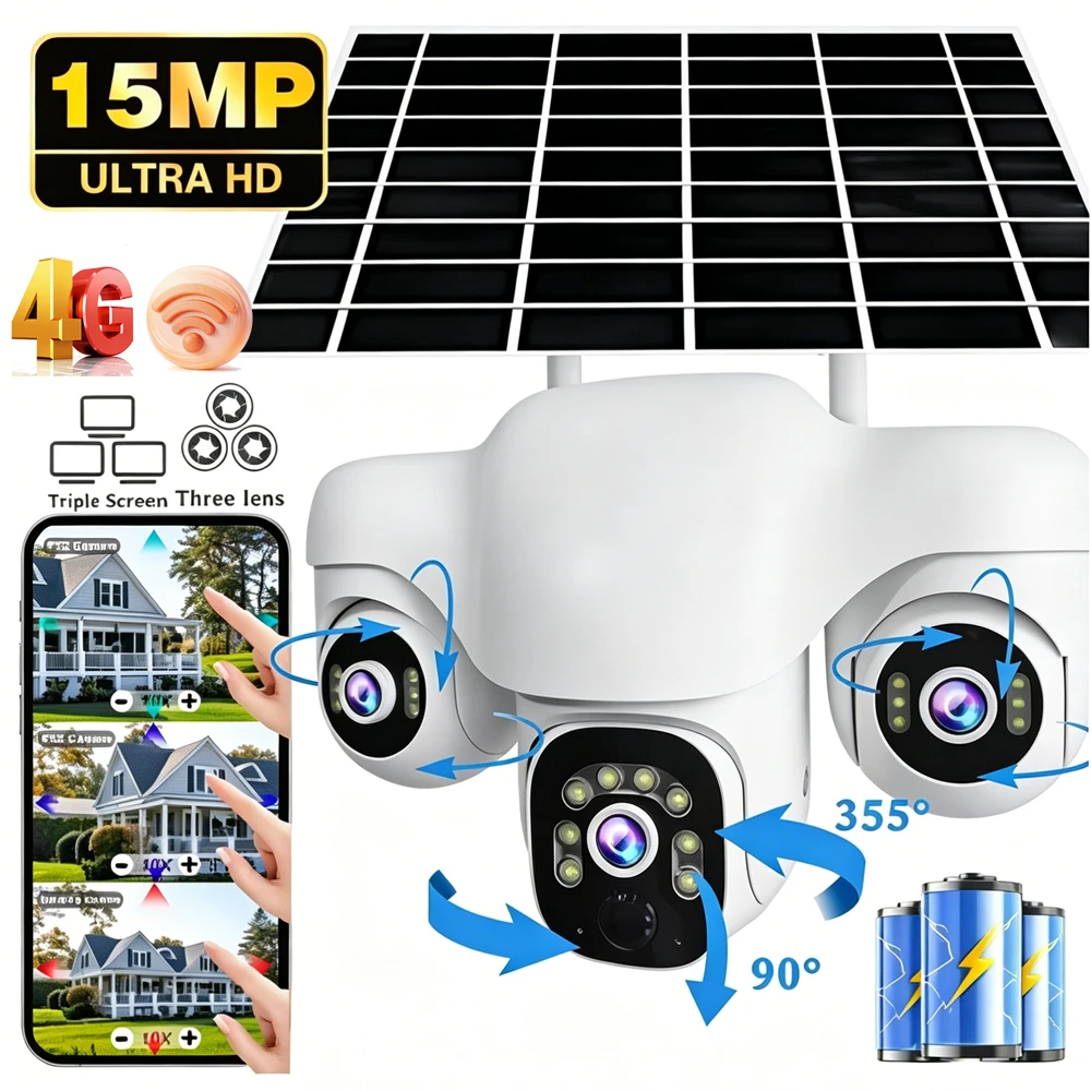 4G Solar Camera Three Lenses Waterproof 15MP Outdoor Security Cameras PIR Humanoid Detection PTZ Control By APP Battery CCTV Cam
4G Solar Camera Three Lenses Waterproof 15MP Outdoor Security Cameras PIR Humanoid Detection PTZ Control By APP Battery CCTV Cam