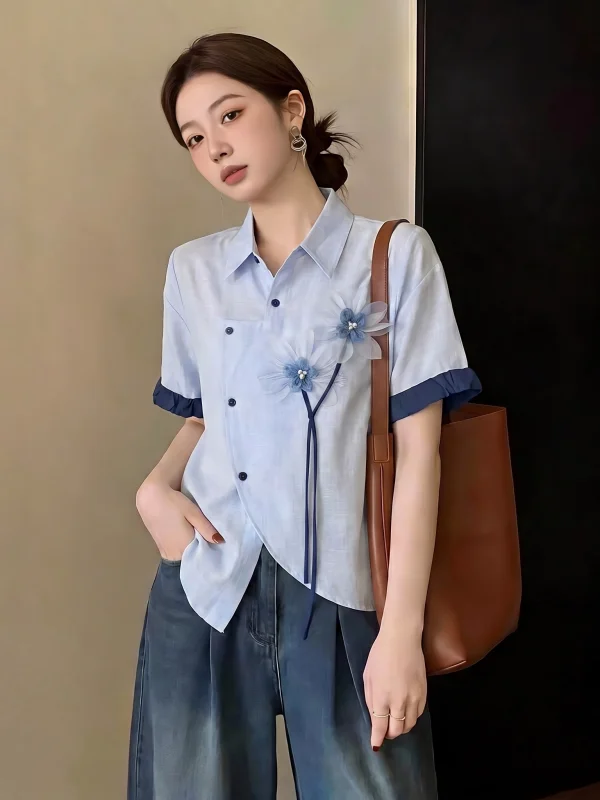 Light Blue 3D Flower Short Sleeve Shirt Women's Fashion Summer New Style Irregular Shoulder Line Korean Version Breathable Sk...
Light Blue 3D Flower Short Sleeve Shirt Women's Fashion Summer New Style Irregular Shoulder Line Korean Version Breathable Sk...