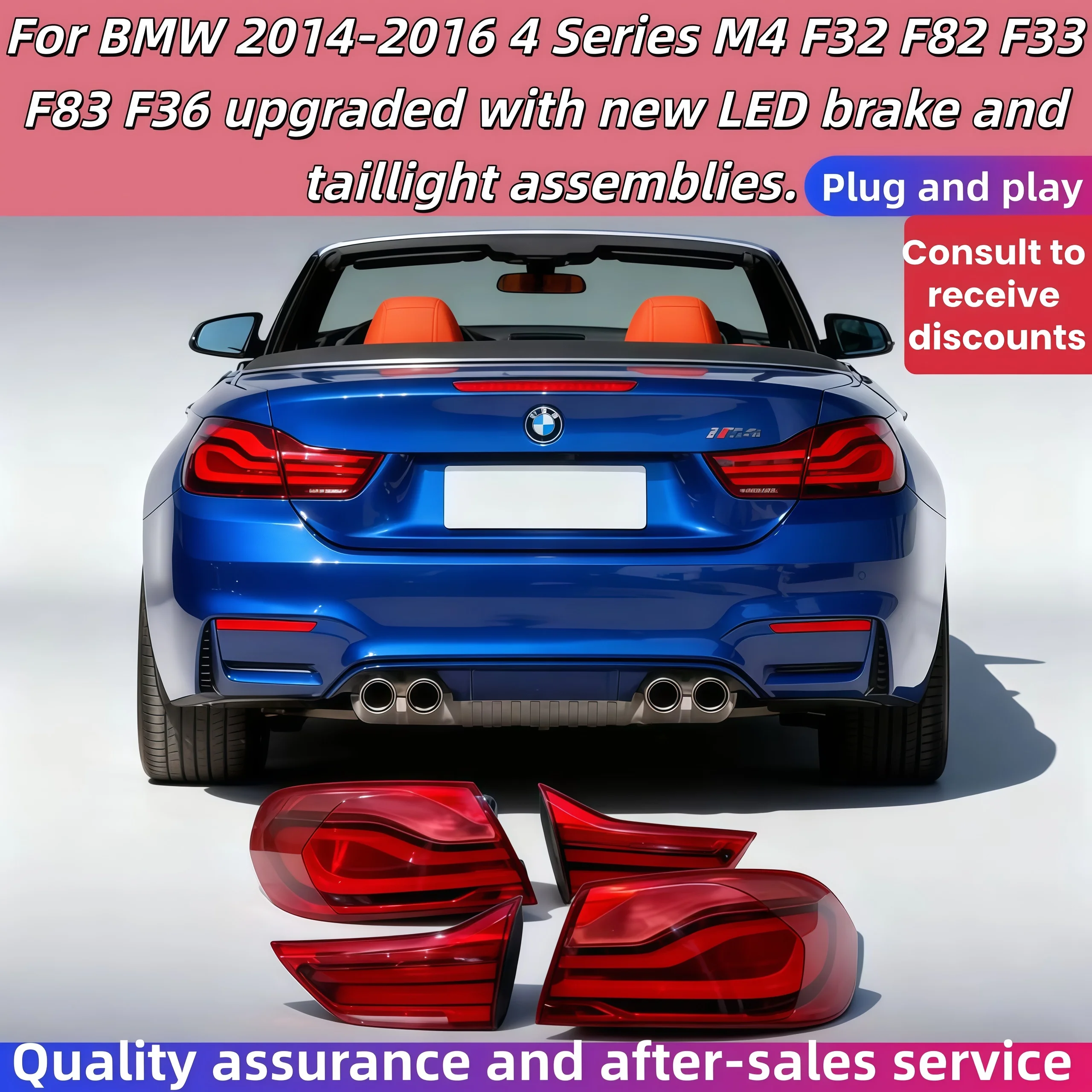 For BMW 2014-2016 4 Series M4 F32 F82 F33 F83 F36 upgrade with new LED brakes and brand new taillight assembly, plug and play.
For BMW 2014-2016 4 Series M4 F32 F82 F33 F83 F36 upgrade with new LED brakes and brand new taillight assembly, plug and play.