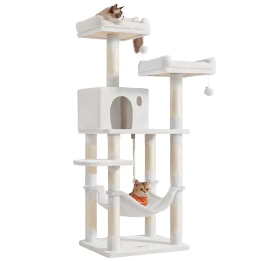 56.3-Inch Multi-Level Cat Tree with Plush Cream White Finish 11 Scratching Posts 2 Perches Hammock Cave for Cats
56.3-Inch Multi-Level Cat Tree with Plush Cream White Finish 11 Scratching Posts 2 Perches Hammock Cave for Cats