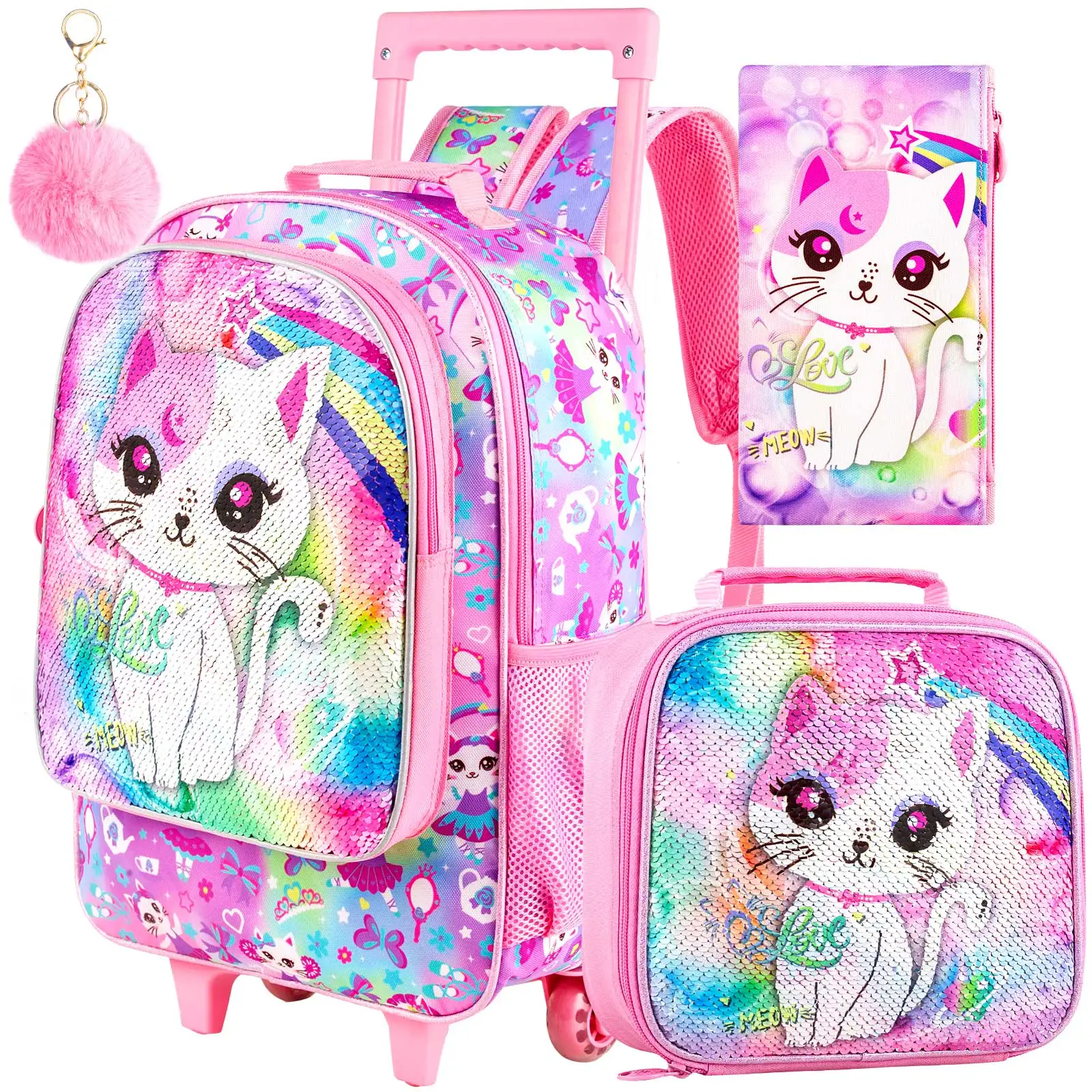 Rolling Backpack for Girls, Kids Sequins Roller School Bag with Lunch Bag, Sequins Wheeled Bookbag for Children - Pink Cat
Rolling Backpack for Girls, Kids Sequins Roller School Bag with Lunch Bag, Sequins Wheeled Bookbag for Children - Pink Cat