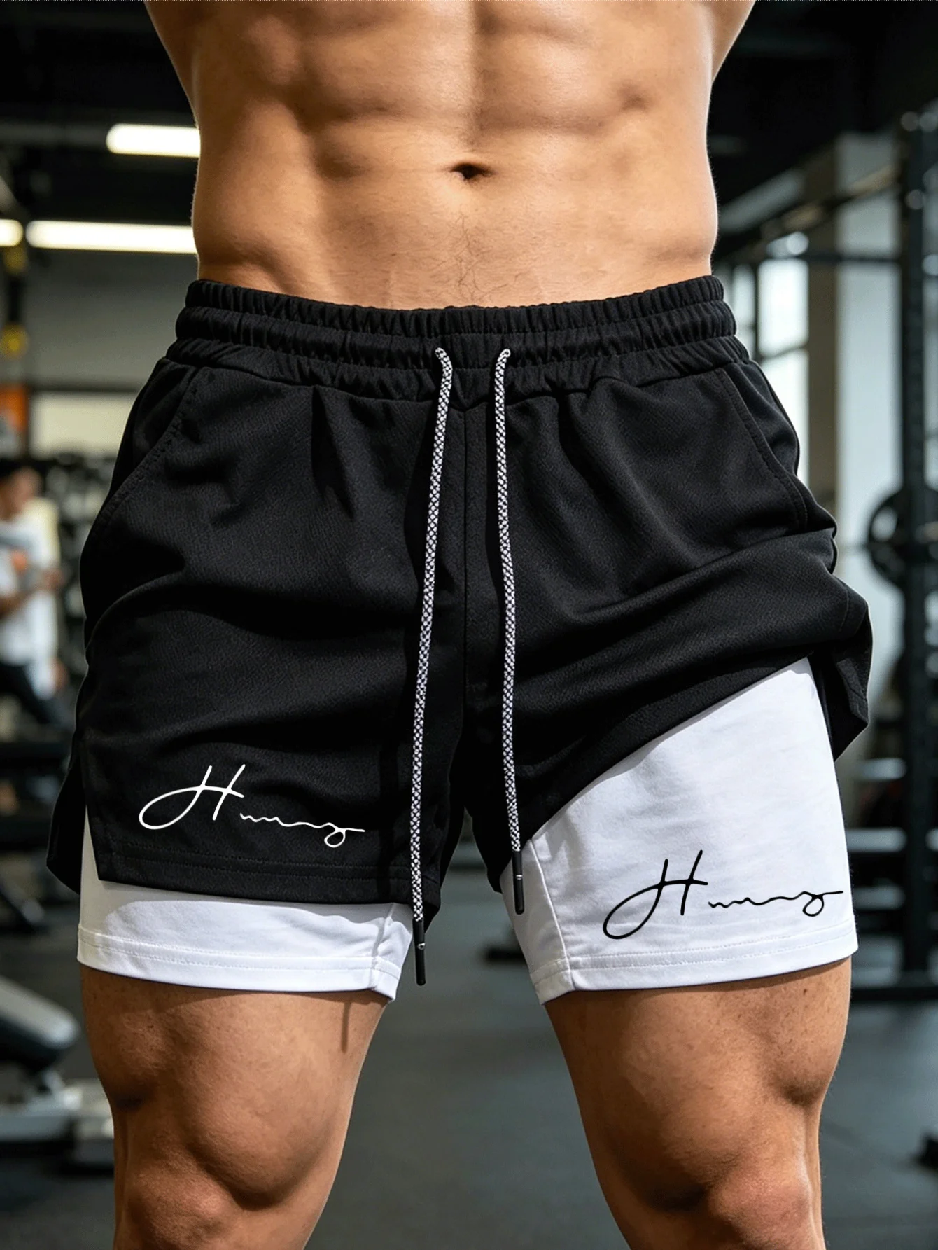 Handwritten H pattern faux two-piece fitness for men elastic drawstring, powerlifting, squatting, running, and soccer training.
Handwritten H pattern faux two-piece fitness for men elastic drawstring, powerlifting, squatting, running, and soccer training.
