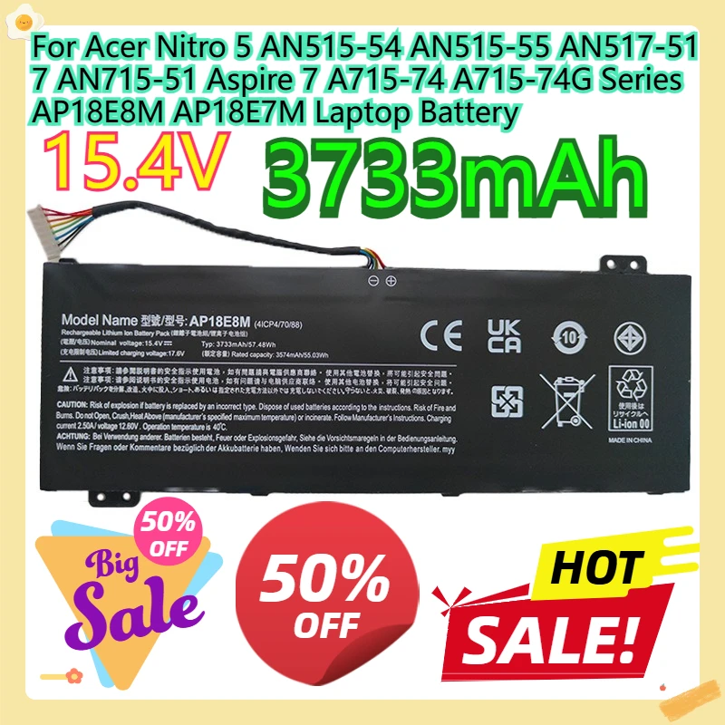 For Acer Nitro 5 AN515-54 AN515-55 AN517-51 7 AN715-51 Aspire 7 A715-74 A715-74G Series AP18E8M AP18E7M Laptop Battery
For Acer Nitro 5 AN515-54 AN515-55 AN517-51 7 AN715-51 Aspire 7 A715-74 A715-74G Series AP18E8M AP18E7M Laptop Battery