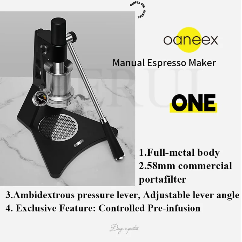 CAFOVO ONE Manual Espresso Maker with 58mm Commercial Portafilter Adjustable Pressure Lever Pre-infusion Full Metal Coffee Maker
CAFOVO ONE Manual Espresso Maker with 58mm Commercial Portafilter Adjustable Pressure Lever Pre-infusion Full Metal Coffee Maker