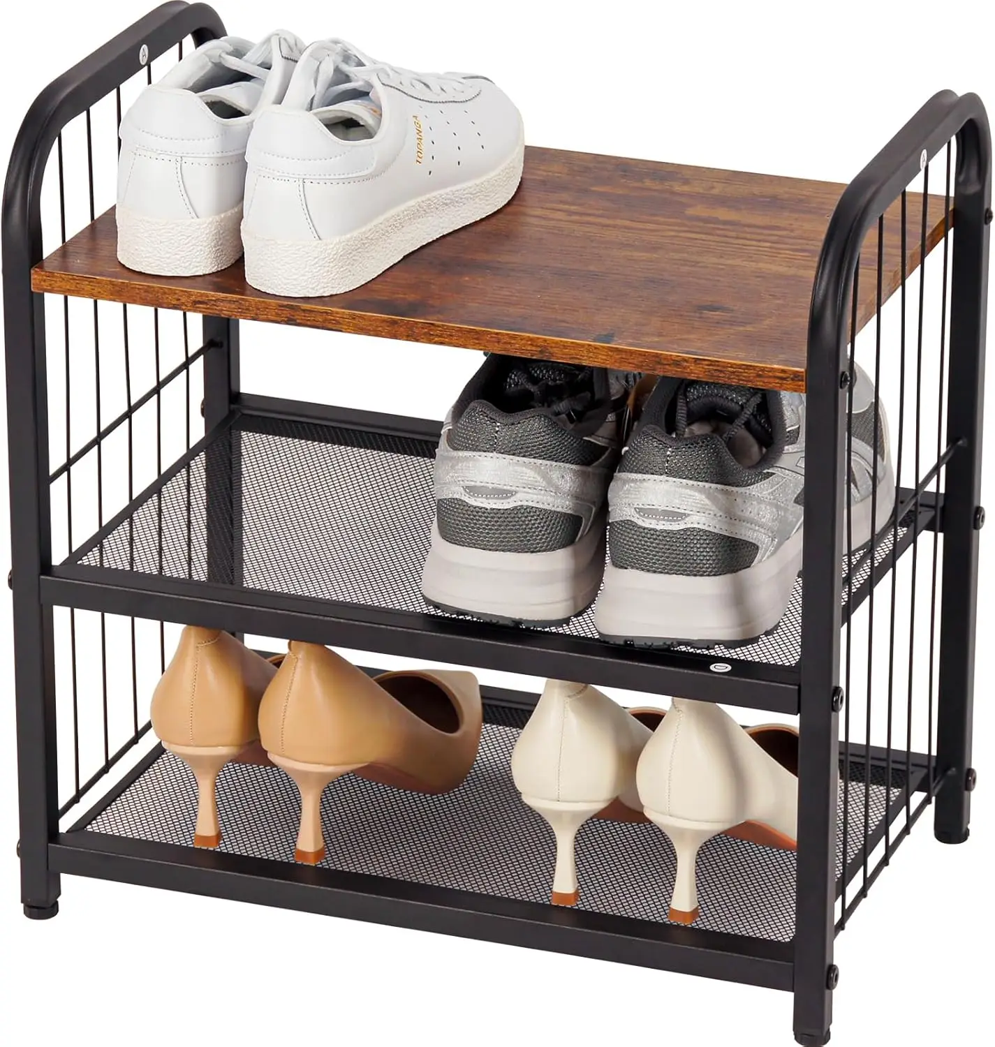 Shoe Rack, 3-Tier Shoe Organizer With Guardrails, Heavy-Duty Metal Mesh Shelves & Rustic Wooden Top For Stylish Closet & Front
Shoe Rack, 3-Tier Shoe Organizer With Guardrails, Heavy-Duty Metal Mesh Shelves & Rustic Wooden Top For Stylish Closet & Front