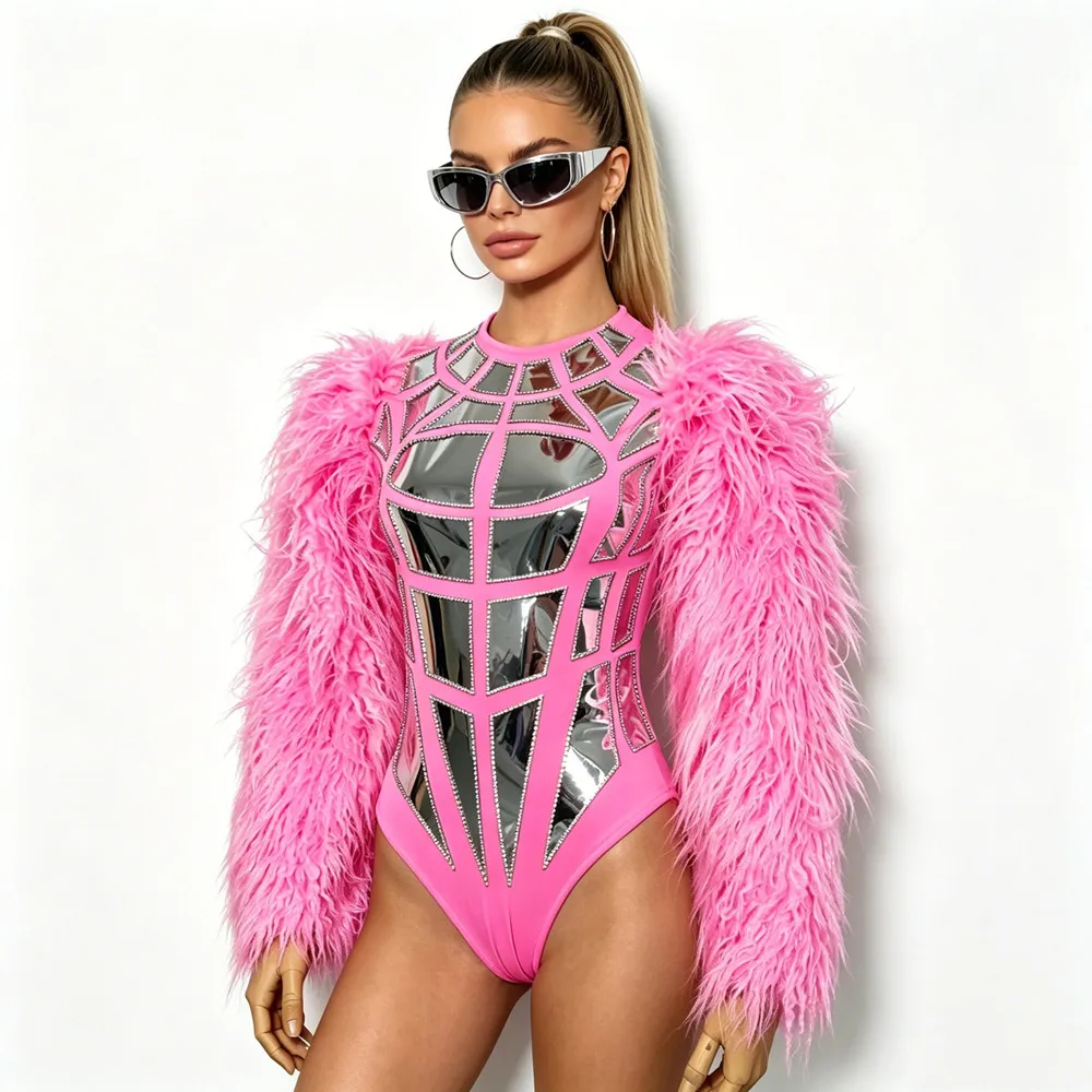 Pink Fur Sleeve Silver Laser Mirror Bodysuit Women Dance Team Sexy DJ Gogo Stage Wear Nightclub Party Show Drag Queen Costume
Pink Fur Sleeve Silver Laser Mirror Bodysuit Women Dance Team Sexy DJ Gogo Stage Wear Nightclub Party Show Drag Queen Costume