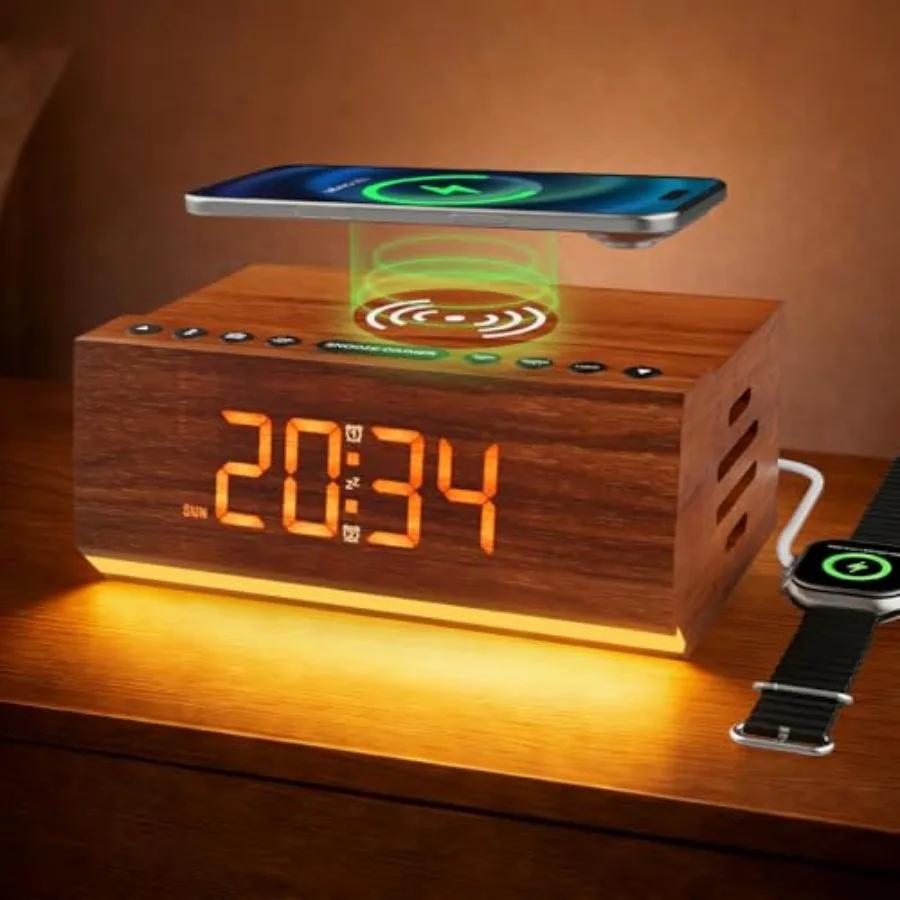 Hoifen Wooden Digital Alarm Clock with Bluetooth Speaker, Wireless Charging, FM Radio, Night Light, Auto Time Sync, Dual Alarms
Hoifen Wooden Digital Alarm Clock with Bluetooth Speaker, Wireless Charging, FM Radio, Night Light, Auto Time Sync, Dual Alarms