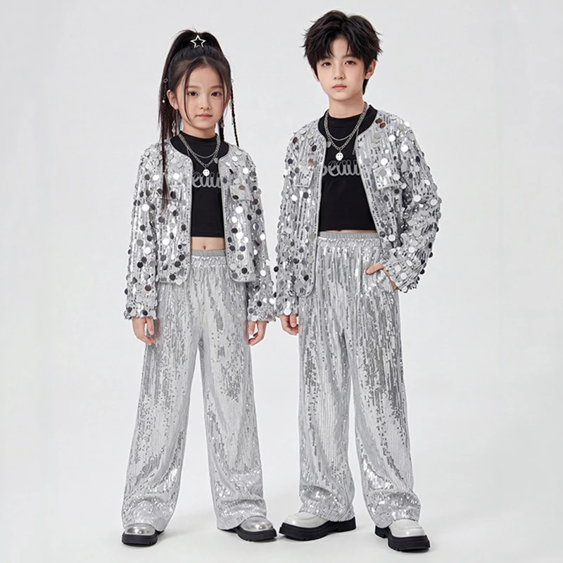 Hip Hop Jazz Dance Clothes Boys Girl Silver Sequin Top Glitter Pants Children School Performance Costume Fashion Streetwear 5496
Hip Hop Jazz Dance Clothes Boys Girl Silver Sequin Top Glitter Pants Children School Performance Costume Fashion Streetwear 5496