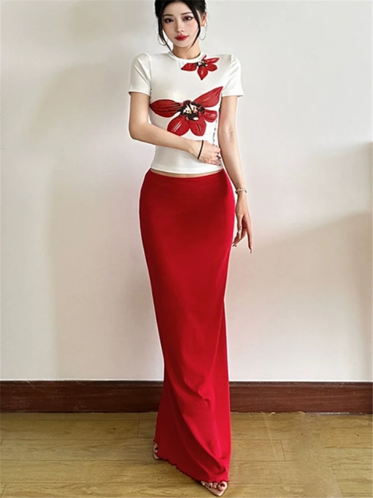 Vacation Women 2 Piece Sets Short Sleeve Flower Print T Shirt Top&High Waist Pencil Red Skirt Fashion New Summer 2PC Dress Suits
Vacation Women 2 Piece Sets Short Sleeve Flower Print T Shirt Top&High Waist Pencil Red Skirt Fashion New Summer 2PC Dress Suits