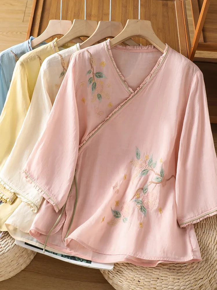 New Chinese Style Embroidered Cotton Linen Shirt Women Summer Thin Silk Small Shirt Zen Tea Clothing Top Buttoned up
New Chinese Style Embroidered Cotton Linen Shirt Women Summer Thin Silk Small Shirt Zen Tea Clothing Top Buttoned up