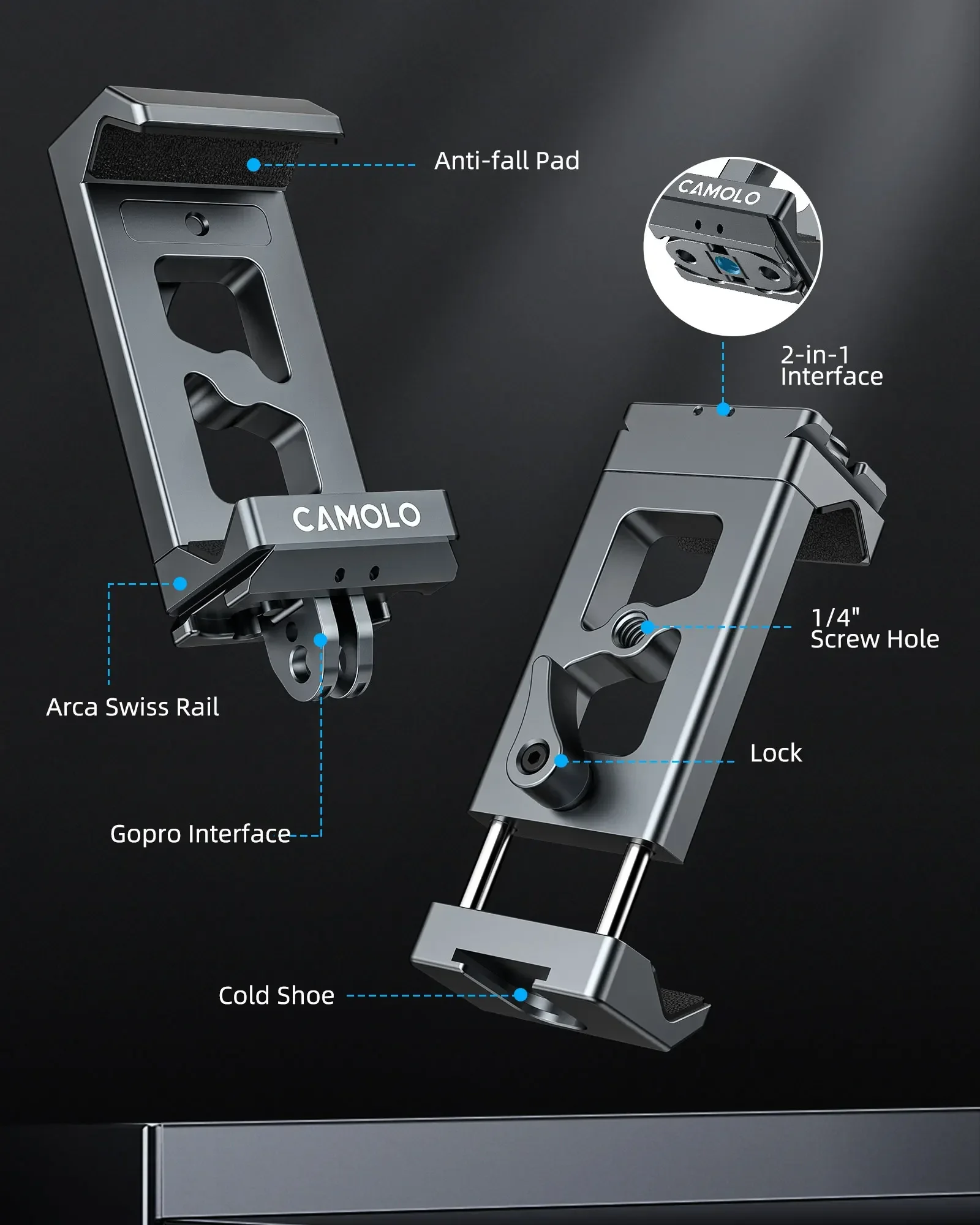 Action Camera Phone Mount-Metal Clip W/Hidden Gopro Adapter&Arca Port - Secure Grip for Iphone, Samsung, Smartphones On Tripods
Action Camera Phone Mount-Metal Clip W/Hidden Gopro Adapter&Arca Port - Secure Grip for Iphone, Samsung, Smartphones On Tripods