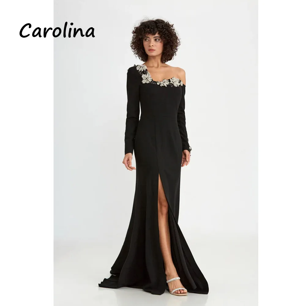 Carolina Customized Black Crepe Party Dress Beading One Shoulder Prom Dress Long Sleeves Side Split Mermaid Formal Evening Dress
Carolina Customized Black Crepe Party Dress Beading One Shoulder Prom Dress Long Sleeves Side Split Mermaid Formal Evening Dress