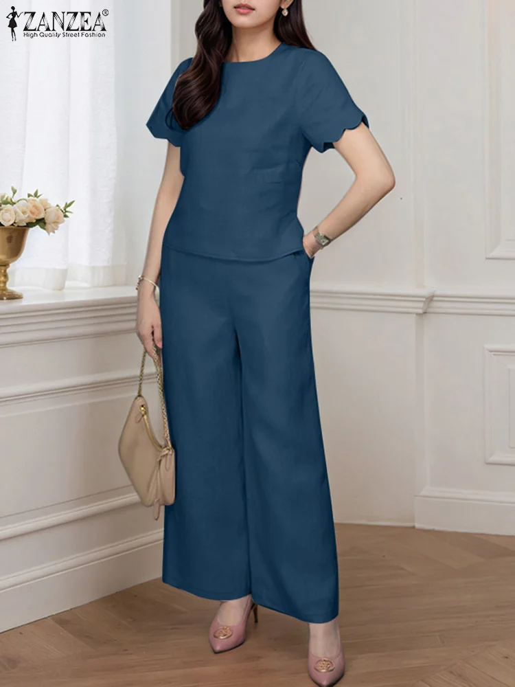 ZANZEA Elastic Waist Pants Scalloped Short Sleeve Tops Two Piece Outfits Day Wear Elegant Woman Casual Pant Sets 2 Pieces Sets
ZANZEA Elastic Waist Pants Scalloped Short Sleeve Tops Two Piece Outfits Day Wear Elegant Woman Casual Pant Sets 2 Pieces Sets