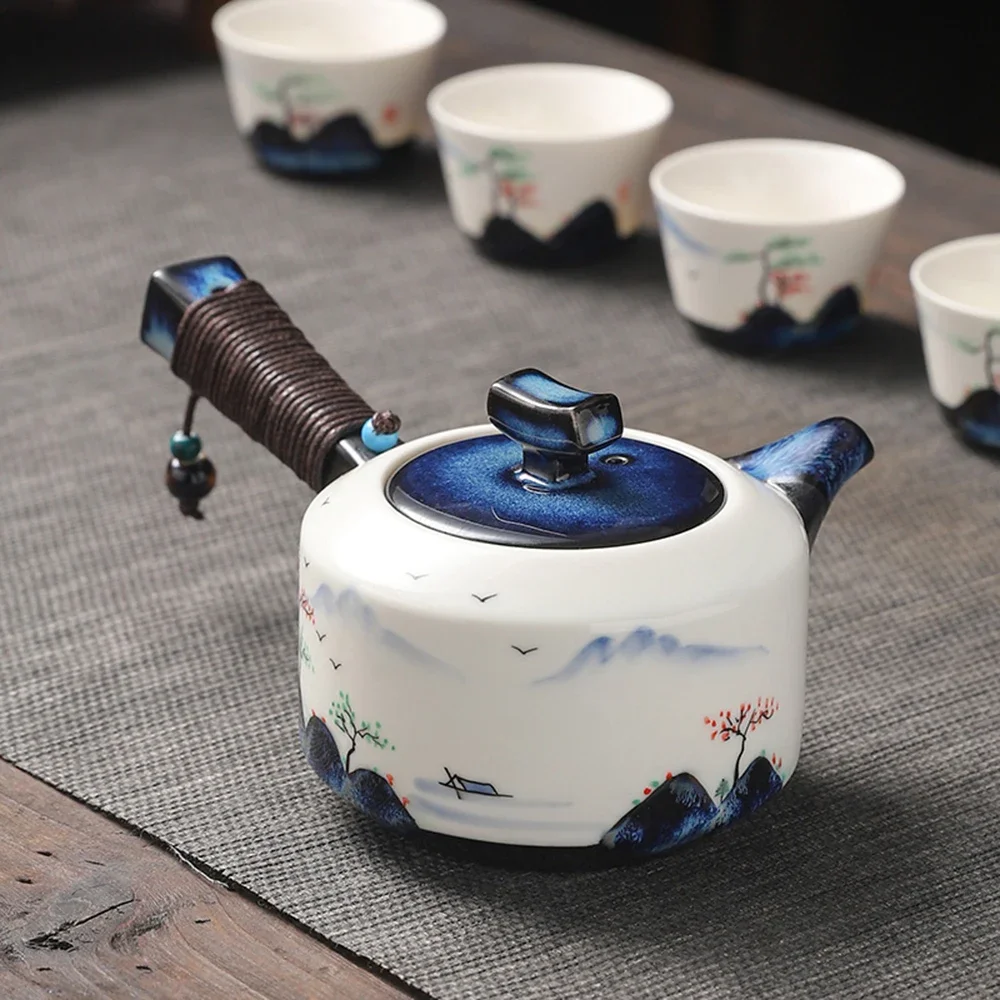 Temmoku glazed side handle teapot, Home hand drawn landscape tea maker, Retro style ceramic tea kettle, Kiln transformed tea set
Temmoku glazed side handle teapot, Home hand drawn landscape tea maker, Retro style ceramic tea kettle, Kiln transformed tea set