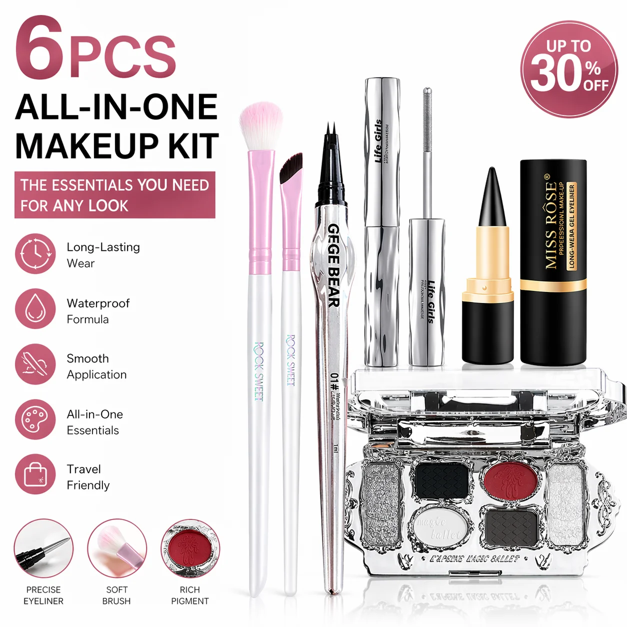 Six-color eyeshadow palette, eyeliner pen, mascara, eyebrow pencil,diverse style,natural makeup,Portable,integrated makeup syste
Six-color eyeshadow palette, eyeliner pen, mascara, eyebrow pencil,diverse style,natural makeup,Portable,integrated makeup syste