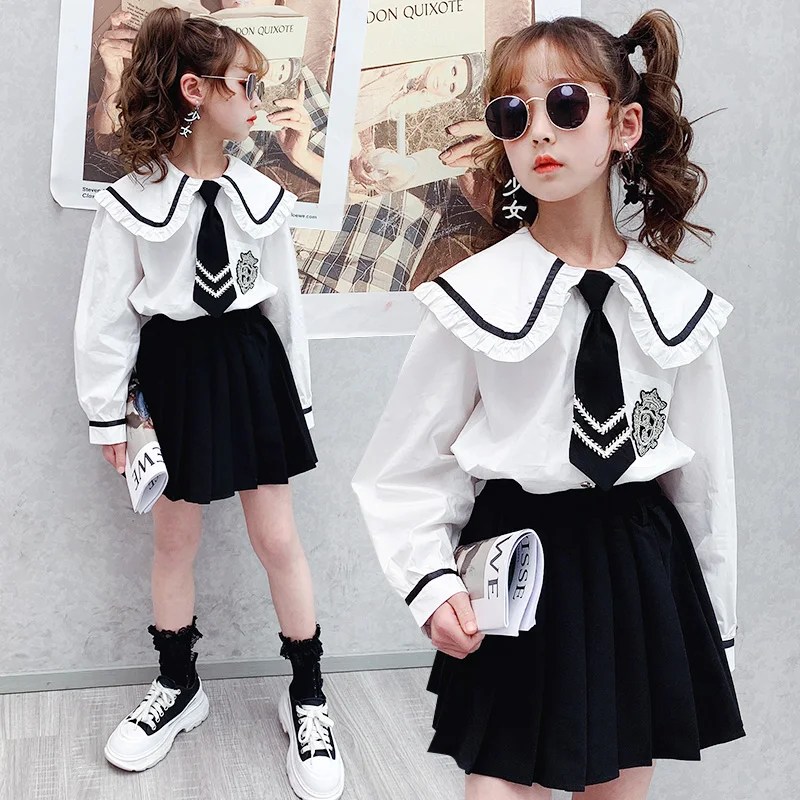 College style Child Girls Clothing Cotton White Shirts with Tie Black pleated skirt pantskirt Fashion Girl Outfit School Uniform
College style Child Girls Clothing Cotton White Shirts with Tie Black pleated skirt pantskirt Fashion Girl Outfit School Uniform