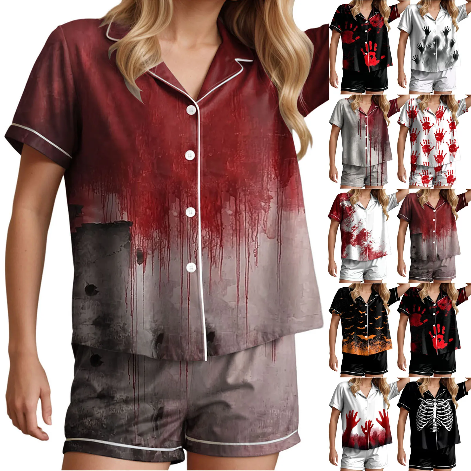 Hot Sale Womens Bloody Print Short Sleeve Pajama Sets Fashion Lapel Button Pajama Set 2-Piece Homewear Female Lingeries Wear
Hot Sale Womens Bloody Print Short Sleeve Pajama Sets Fashion Lapel Button Pajama Set 2-Piece Homewear Female Lingeries Wear
