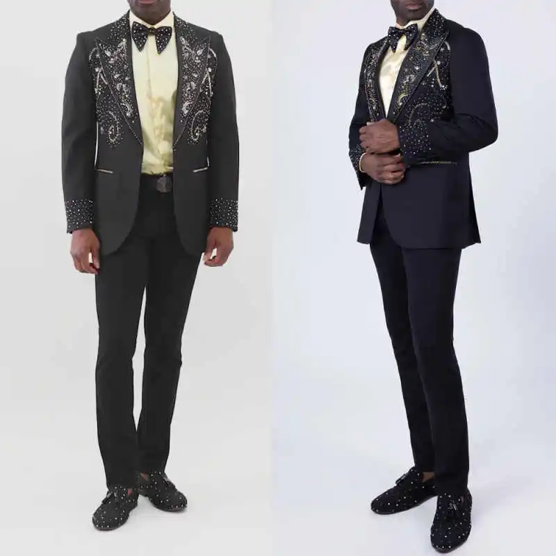 Handsome Beaded Men Suits One Button Peaked Lapel Blazer Pants Loose Fit 2 Pieces Groom Wedding Tuxedos Customized
Handsome Beaded Men Suits One Button Peaked Lapel Blazer Pants Loose Fit 2 Pieces Groom Wedding Tuxedos Customized