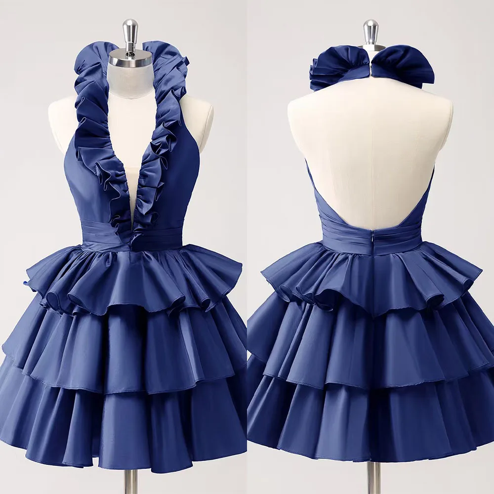 High Quality Customized V-neck Above Knee Blue Backless Halter Tiered Платье Корейский Стиль Robe De Soirée Femme Chic 드레스 원피스
High Quality Customized V-neck Above Knee Blue Backless Halter Tiered Платье Корейский Стиль Robe De Soirée Femme Chic 드레스 원피스