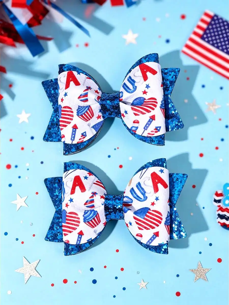 2pcs Red White Blue Glitter Bow Hair Clips For Independence Day Memorial Day Fashion Accessories
2pcs Red White Blue Glitter Bow Hair Clips For Independence Day Memorial Day Fashion Accessories