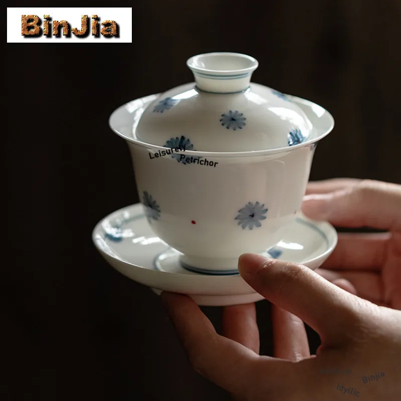 125 мл ручная роспись сине-белая винтажная чайная вареница Gaiwan, чайная чаша с крышкой, комплект для приготовления чая, крышка, чаша, чайная церемония, ремесленный подарок