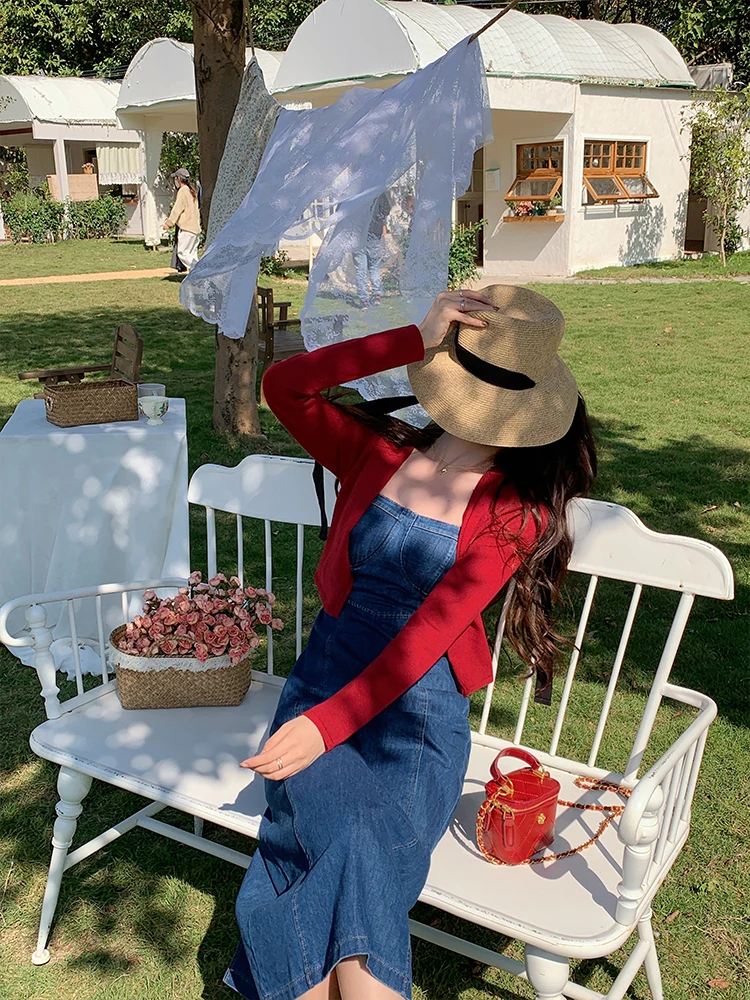 Синий джинсовый кардиган на бретелях и красный вязаный топ-бандо, комплект из двух предметов, женский модный костюм, осень 2025, длинный рукав
Синий джинсовый кардиган на бретелях и красный вязаный топ-бандо, комплект из двух предметов, женский модный костюм, осень 2025, длинный рукав