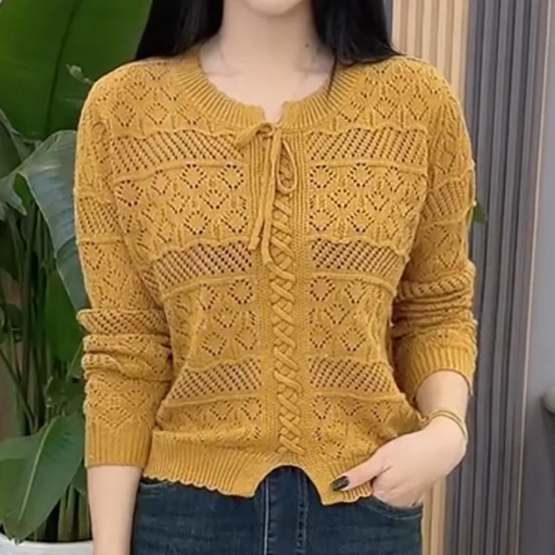 Women Hollow Crochet Knit Top Tie Front Long Sleeve Cable Knit Elegant Casual Mature Ladies Pullover Blouse
Women Hollow Crochet Knit Top Tie Front Long Sleeve Cable Knit Elegant Casual Mature Ladies Pullover Blouse