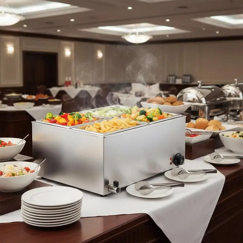 Professional Buffet Bain Marie 24QT For Catering Buffet Parties, 4-Pan Steam Table 1200W Countertop Food Heater 86-185°F Temperature Control Metal Construction
Professional Buffet Bain Marie 24QT For Catering Buffet Parties, 4-Pan Steam Table 1200W Countertop Food Heater 86-185°F Temperature Control Metal Construction