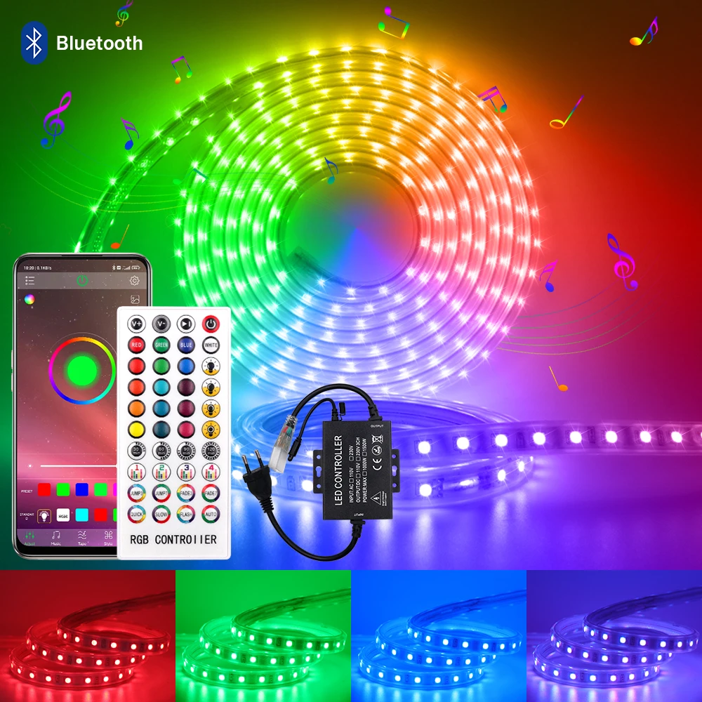 Bluetooth RGB Controller LED Strip Lights RGB 5050 110V 220V 60LEDs/m LED Lamp Tape Waterproof LED Ribbon for Holiday Home Decor
Bluetooth RGB Controller LED Strip Lights RGB 5050 110V 220V 60LEDs/m LED Lamp Tape Waterproof LED Ribbon for Holiday Home Decor