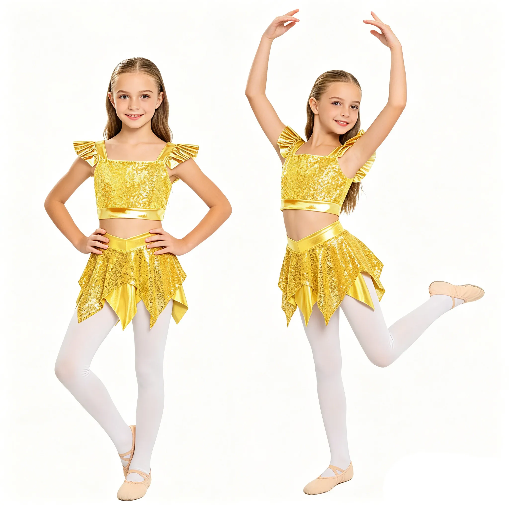 Children Girls Metallic Shiny Sequin Hip Hop Jazz Dance Cheerleading Outfit Ruffled Sleeve Crop Top with Skirt Built-in Briefs
Children Girls Metallic Shiny Sequin Hip Hop Jazz Dance Cheerleading Outfit Ruffled Sleeve Crop Top with Skirt Built-in Briefs