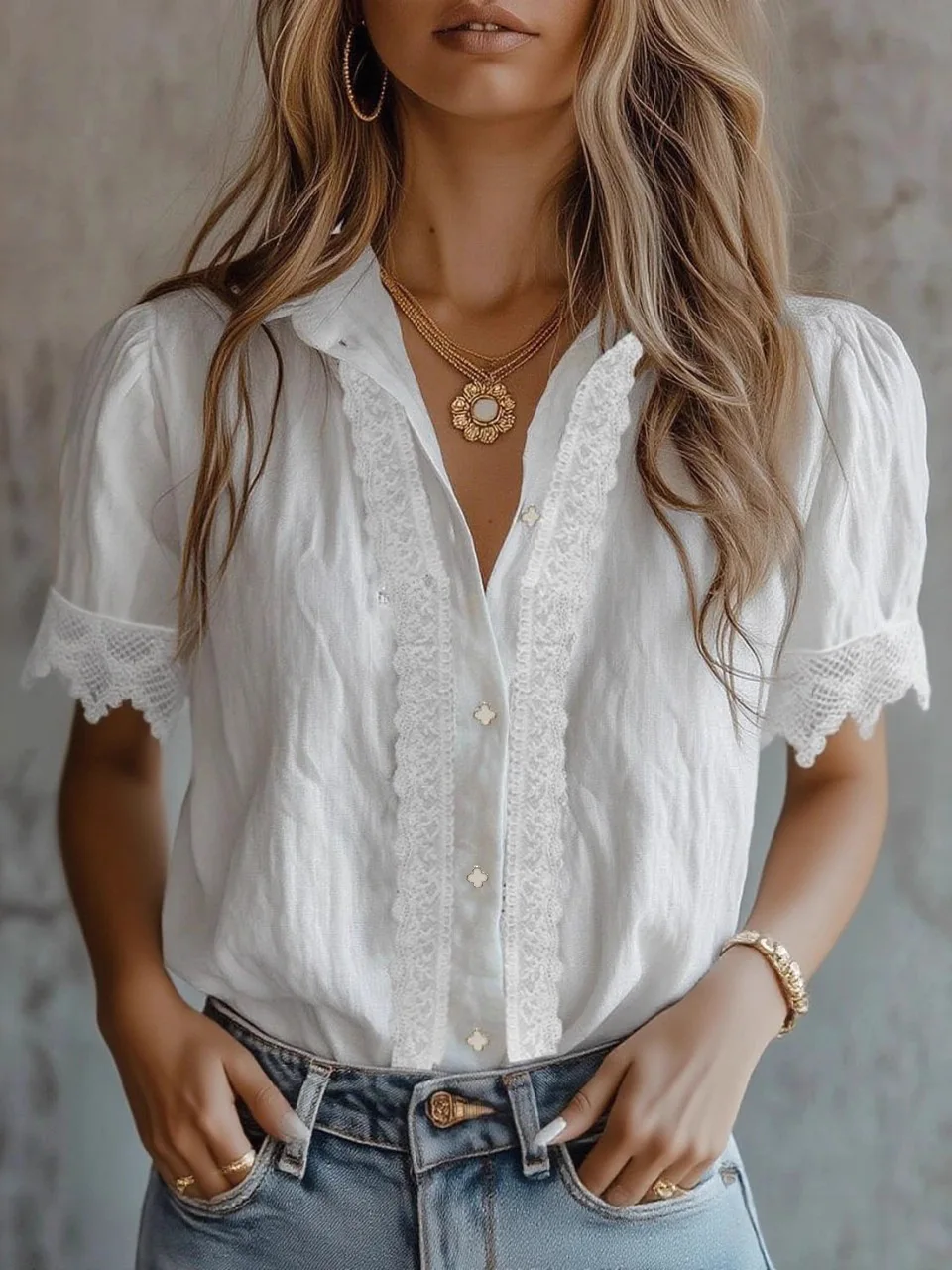 Women's Pure Color Short Sleeve Lace Shirt Casual Style Loose Fit Polyester Fabric Bubble Sleeve Elegant Thin Polyester Blend
Women's Pure Color Short Sleeve Lace Shirt Casual Style Loose Fit Polyester Fabric Bubble Sleeve Elegant Thin Polyester Blend