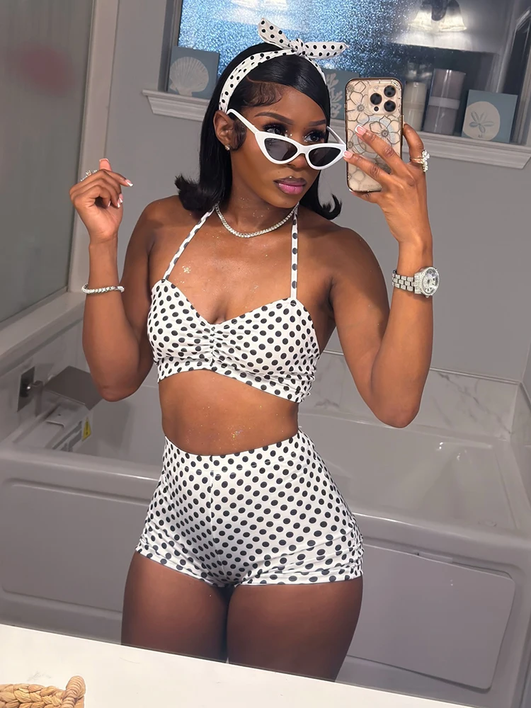 Kliou Sexy Fashion 2 Piece Set Woman Polka Dot Print Halter Backless Crop Tops+Skinny Peach Hip Shorts High Street Style Suits
Kliou Sexy Fashion 2 Piece Set Woman Polka Dot Print Halter Backless Crop Tops+Skinny Peach Hip Shorts High Street Style Suits